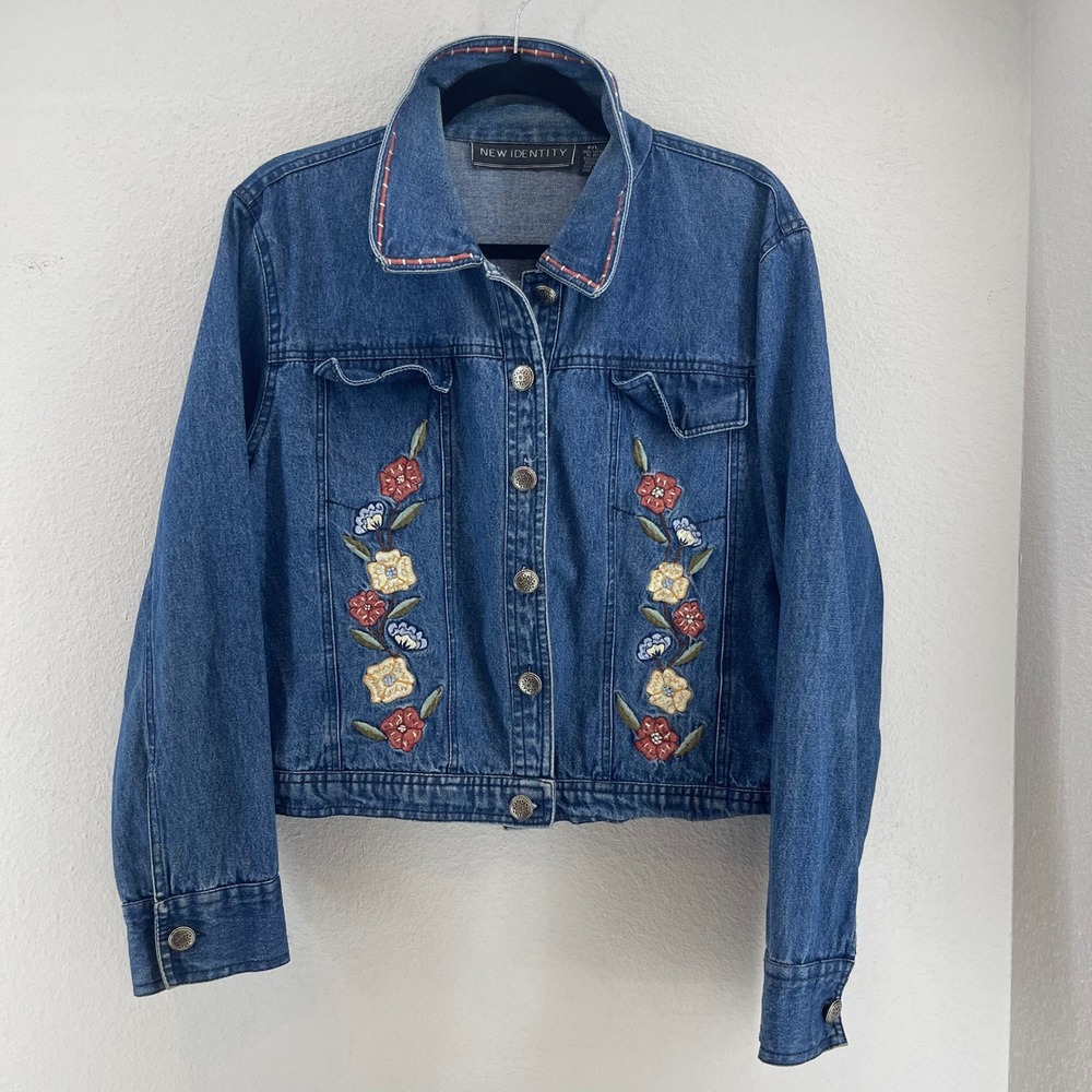 NEW IDENTITY Embroidered‎ Womens Denim Jacket Floral L(P) Artsy